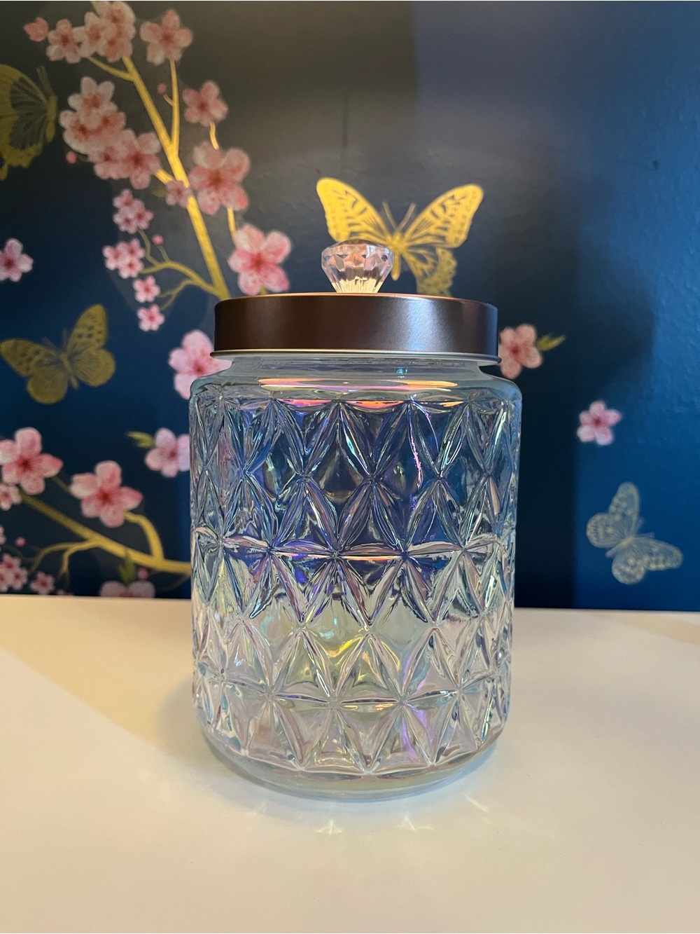 Iridescent Cut Glass Canister with Decorative Lid